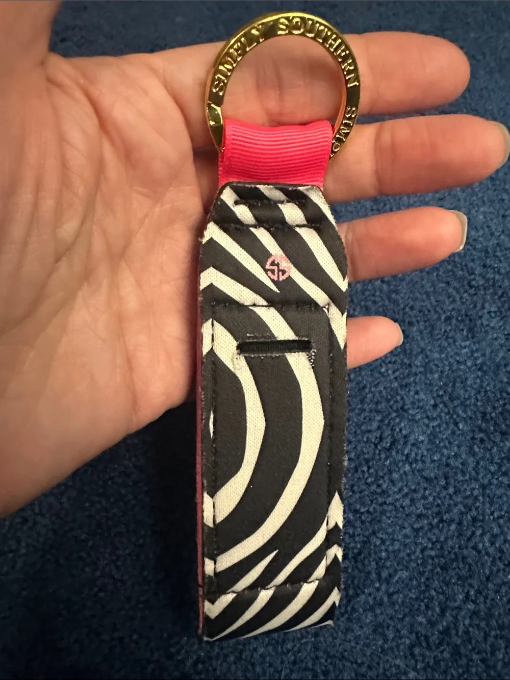 Simply Southern Black & White Zebra Key Fob/Chapstick Holder with Pink Accent.